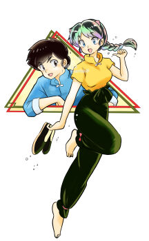 01angelegg 1boy 1girl :d barefoot black_hair blue_eyes blue_shirt braid brown_eyes cosplay creator_connection floating_hair green_hair green_pants highres long_hair low_ponytail lum multicolored_hair open_mouth pants ponytail ranma_1/2 saotome_ranma saotome_ranma_(cosplay) shirt short_sleeves single_braid smile two-tone_hair urusei_yatsura yellow_shirt