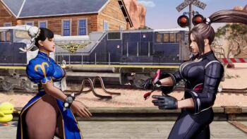 2girls 3d akiman_pose animated breast_press breasts brown_eyes brown_hair capcom chun-li fatal_fury fatal_fury:_city_of_the_wolves female_focus jacket japanese_clothes large_breasts leather leather_jacket leather_pants matching_hair/eyes multiple_girls official_alternate_costume pants pink_shorts shiranui_mai shorts snk street_fighter street_fighter_6 symmetrical_docking tagme tank_top video white_tank_top