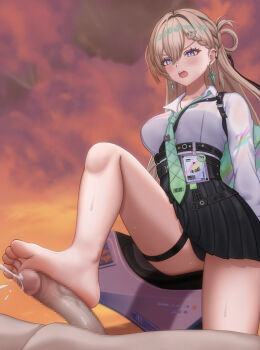1girl absurdres barefoot blonde_hair blue_eyes blush cum denokoto ejaculation feet footjob highres long_hair lynae_(wuthering_waves) open_mouth panties pantyshot soles toes underwear upskirt wuthering_waves