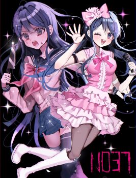 Rule 34 | 1girl, :d, :o, black background, blue eyes, blue sailor collar, blue skirt, blush, boots, bow, bowtie, danganronpa: trigger happy havoc, danganronpa (series), grey shirt, hair bow, hair ornament, hairclip, hands up, highres, holding, holding knife, holding microphone, idol, knife, long hair, long sleeves, looking at viewer, maizono sayaka, microphone, miniskirt, open mouth, pink bow, pink bowtie, sailor collar, shirt, skirt, smile, sobacha, sweat, teeth, twintails, upper teeth only, white boots