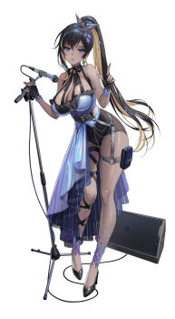 1girl amplifier bare_shoulders belt black_hair blonde_hair blue_eyes blush bow bowtie breasts cleavage commentary_request dark-skinned_female dark_skin earrings fingernails goddess_of_victory:_nikke hair_ornament high_heels high_ponytail highres holster jewelry large_breasts lips long_hair looking_at_viewer microphone microphone_stand mole mole_on_breast nail_polish noise_(nikke) official_art overskirt parted_lips ponytail shiny_skin short_shorts shorts simple_background sleeveless solo thigh_holster thighs white_background wire yoya_yogurt