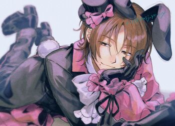 1boy animal_ears black_gloves black_hat black_jacket black_pants black_shoes brown_eyes brown_hair closed_mouth commentary_request fake_animal_ears frilled_sleeves frills gloves hat jacket king_of_prism long_sleeves looking_at_viewer lying male_focus mini_hat mini_top_hat mole mole_under_mouth on_stomach pants pretty_rhythm pretty_series puffy_long_sleeves puffy_sleeves rabbit_ears rabbit_tail shoes short_hair smile solo tail the_pose top_hat yamada_ryou_(pretty_series) yori_(cookiyoriyo)