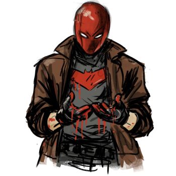 1boy bat_signal batman_(series) batman_symbol black_bodysuit black_gloves blood blood_on_hands bodysuit brown_jacket dc_comics gloves grey_bodysuit highres jacket jason_todd male_focus mask multicolored_bodysuit muscular muscular_male open_clothes pants red_hood_(dc) red_hood_and_the_outlaws red_mask superhero_costume taut_bodysuit two-tone_bodysuit zatabba