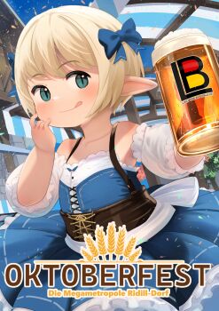 1girl :q alcohol beer beer_mug blonde_hair blue_dress blue_eyes bow closed_mouth commentary_request cup detached_sleeves dirndl dress final_fantasy final_fantasy_xiv flat_chest german_clothes german_text hair_bow highres holding lalafell mug pointy_ears shelldy tongue tongue_out translation_request