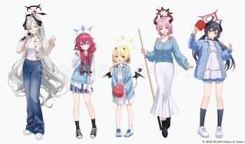 5girls alternate_hairstyle ball black_hair black_shoes black_socks blonde_hair blue_archive braid chiaki_(blue_archive) closed_mouth commentary_request demon_girl demon_horns demon_wings denim full_body grey_hair hair_over_one_eye halo highres holding holding_ball holding_microphone horns ibuki_(blue_archive) iroha_(blue_archive) jacket kneehighs long_hair long_skirt long_sleeves looking_at_viewer makoto_(blue_archive) microphone midriff momoshiki_tsubaki multiple_girls navel official_art open_clothes open_jacket open_mouth pants pink_hair red_hair shoes simple_background skirt smile socks standing twin_braids very_long_hair white_background white_shoes white_skirt white_socks wings