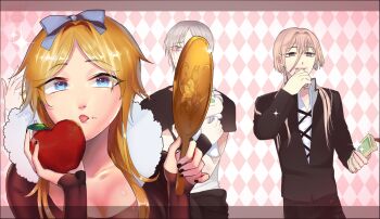 1girl 5boys animated animated_gif apple argyle_background argyle_clothes armlet asymmetrical_hair bad_anatomy bad_hands bag banknote black_nails blind blonde_hair blue_bow blue_eyes blue_necktie bow breasts capelet character_doll cleavage clothes_around_waist coat collared_shirt cropped_jacket doll empty_eyes food fruit fur_coat gakuran gameplay_mechanics gradient_hair hair_bow hair_intakes hat highres holding holding_bag holding_food holding_fruit holding_mirror holding_money holding_unworn_clothes holding_unworn_hat hugging_doll hugging_object jacket jacket_around_waist jewelry koumi04 long_hair medium_breasts mirror money multicolored_hair multiple_boys nail_polish necktie no_bangs original pants pink_eyes purple_eyes raglan_sleeves red_pants scar scar_on_face scared school_uniform shirt shirt_under_shirt sweat tongue tongue_out trench_coat two-tone_hair unworn_hat unworn_headwear white_hair wide-eyed yellow_capelet yellow_eyes