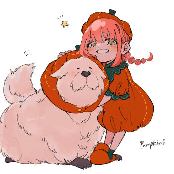 1girl absurdres animal animal_hug anya_(spy_x_family) blush bond_(spy_x_family) braid braided_ponytail clothed_animal commentary_request dog full_body great_pyrenees green_eyes grin halloween highres long_hair looking_at_viewer motion_lines notice_lines orange_slippers peanuts_omr pink_hair pumpkin_costume sidelocks simple_background slippers smile solo spy_x_family standing star_(symbol) white_background