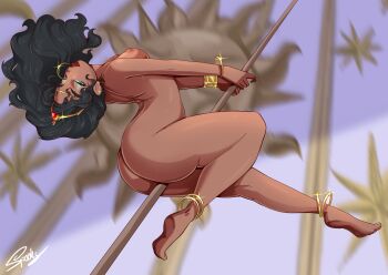1girl absurdres anklet ass black_hair bracelet breasts commentary completely_nude dark-skinned_female dark_skin disney english_commentary esmeralda_(disney) gold_anklet gold_bracelet green_eyes highres jewelry long_hair looking_at_viewer nipples nude pole_dancing roisin signature small_breasts solo the_hunchback_of_notre_dame_(disney)
