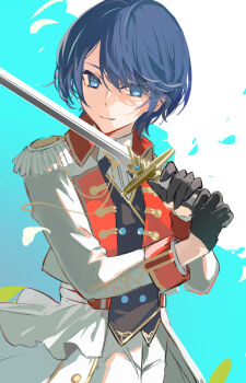 Rule 34 | 1girl, androgynous, bad id, bad twitter id, black gloves, blue eyes, blue hair, closed mouth, collared shirt, cowboy shot, dark blue hair, epaulettes, gloves, hands up, highres, holding, holding sword, holding weapon, hoshino ichika (project sekai), long sleeves, official alternate costume, official alternate hair length, official alternate hairstyle, poppoman, project sekai, relax teatime (project sekai), shirt, short hair, solo, sword, weapon