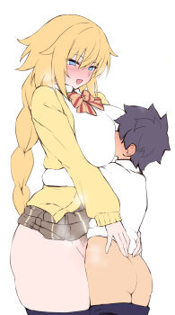 1boy 1girl age_difference ass blonde_hair blue_eyes blush braid braided_ponytail breasts brown_skirt clothed_sex fate/grand_order fate_(series) female_pubic_hair hetero highres hug jacket jeanne_d&#039;arc_(an_encounter_in_spring)_(fate) jeanne_d&#039;arc_(fate) large_breasts long_hair long_sleeves onee-shota open_mouth pubic_hair satou_(kuso-neet) sex shirt short_hair shota skirt smile standing standing_missionary standing_sex white_shirt yellow_jacket
