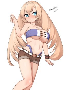 1girl absurdres ariake_(kancolle) ariake_(kancolle)_(cosplay) ariake_(swimsuit)_(kancolle) bikini blonde_hair blue_eyes breasts brown_shorts cosplay facing_viewer feet_out_of_frame highleg highleg_bikini highres kantai_collection large_breasts long_hair looking_up maru_(marg0613) one-hour_drawing_challenge purple_bikini shorts solo strapless strapless_bikini swimsuit upturned_eyes victorious_(kancolle)