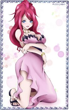 1girl absurdres arms_under_breasts blue_eyes breasts breasts_squeezed_together cleavage crossed_arms dress thighs fairy_tail flatpancakesjim highres jewelry kneeling large_breasts lipstick long_dress long_hair makeup necklace pink_dress pink_hair pushing_breasts_together sandals sherry_blendy simple_background sitting