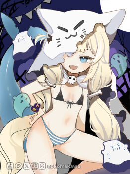 1girl :d bare_tree bikini black_bikini blonde_hair blue_eyes bone_hair_ornament cartoon_bone commentary commentary_request english_commentary facebook_logo fang fins fish_tail front-tie_bikini_top front-tie_top full_moon ghost ghost_costume hair_ornament highres indie_virtual_youtuber instagram_logo long_hair lunacats moon night night_sky open_mouth panties pennant pixiv_logo sameko_saba sky smile solo string_of_flags striped_clothes striped_panties swimsuit tail tree twitter_x_logo underwear very_long_hair virtual_youtuber