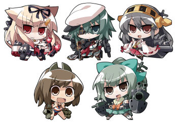&gt;:d 10s 5girls :/ :3 :d akaneya black_hair bow brown_eyes brown_hair cape chibi clenched_hands detached_sleeves eyepatch green_eyes green_hair hair_bow hair_flaps hair_ornament hair_ribbon hairband hairclip haruna_(kancolle) hat i-401_(kancolle) kantai_collection kiso_(kancolle) long_hair machinery multiple_girls nontraditional_miko open_mouth pantyhose red_eyes remodel_(kantai_collection) ribbon school_swimsuit school_uniform serafuku ship_turret short_hair simple_background smile swimsuit swimsuit_under_clothes sword torpedo v-shaped_eyebrows weapon white_background yuubari_(kancolle) yuudachi_(kancolle)