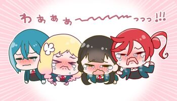 Rule 34 | > <, 4girls, :i, amagiri dia, black hair, blonde hair, blue hair, blue jacket, blunt bangs, blush, braid, chibi, chibi only, closed eyes, closed mouth, collared shirt, commentary request, cropped torso, crossed bangs, crying, d:, dress, dress shirt, gradient hair, grey dress, hair between eyes, hair bun, jacket, long hair, long sleeves, love live!, love live! superstar!!, low twin braids, low twintails, multicolored hair, multiple girls, neck ribbon, nose blush, onitsuka natsumi, open clothes, open jacket, open mouth, pink hair, red hair, red ribbon, ribbon, sakurakoji kinako, school uniform, shirt, short hair, short hair with long locks, single side bun, sobbing, twin braids, twintails, wakana shiki, white shirt, winter uniform, yoneme mei, yuigaoka school uniform