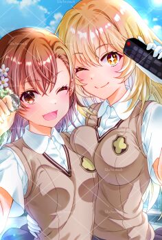 2girls :d ;) arm_around_waist blonde_hair blue_sky breasts brown_eyes brown_hair brown_sweater_vest coin collared_shirt commentary_request controller elbow_gloves gloves highres holding holding_coin holding_remote_control ka1009 large_breasts long_hair looking_at_viewer medium_hair misaka_mikoto multiple_girls one_eye_closed open_mouth outdoors remote_control school_emblem school_uniform shirt shokuhou_misaki short_sleeves sky small_breasts smile sparkling_eyes summer_uniform sweater_vest toaru_kagaku_no_railgun toaru_majutsu_no_index tokiwadai_school_uniform v-neck white_gloves white_shirt yellow_eyes