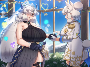 alpaca_ears alpaca_girl alpaca_suri_(kemono_friends) alpaca_tail alternate_costume animal_ears ascot asymmetrical_dress bare_shoulders black_choker black_dress black_gloves black_shoes black_thighhighs blue_eyes blue_shirt blush breasts bridal_veil choker cowboy_shot crown dress epaulettes extra_ears frilled_dress frills gameplay_mechanics gloves gold_jacket hair_bun hair_over_one_eye hair_tubes half_gloves high_heels highres huge_breasts jacket jewelry kemono_friends kemono_friends_3 large_breasts long_hair long_sleeves looking_at_viewer mo23 multicolored_jacket multiple_girls neck_ruff official_alternate_costume orange_eyes cow_ears cow_girl cow_horns cow_tail palace pleated_skirt ring shirt shoes short_hair sidelocks single_hair_bun skirt sleeveless smile suit_jacket tail thick_thighs thigh_strap thighhighs thighs tiara twintails two-tone_jacket two-tone_shirt veil white_ascot white_gloves white_hair white_jacket white_shirt white_skirt yak_(kemono_friends) zettai_ryouiki