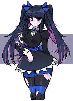 1girl black_dress blue_eyes blue_hair blue_ribbon blue_thighhighs blunt_bangs breasts closed_mouth commentary cropped_legs dress english_commentary hair_ribbon highres holding holding_stuffed_toy honekoneko_(psg) long_hair long_sleeves looking_at_viewer multicolored_hair oninuer panty_&amp;_stocking_with_garterbelt pink_streaks ribbon short_dress small_breasts solo stocking_(psg) streaked_hair striped_clothes striped_thighhighs stuffed_animal stuffed_cat stuffed_toy thighhighs torn_clothes torn_thighhighs twintails