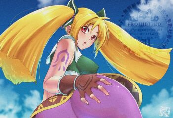 1girl arm_tattoo artist_name ass blonde_hair blue_sky blunt_ends breasts brown_gloves chrono_cross cloud cloudy_sky dress fingerless_gloves from_below gloves green_dress green_ribbon hair_between_eyes hair_ribbon hand_on_own_ass looking_at_viewer medium_breasts orlha_(chrono_cross) pantyhose parted_lips purple_pantyhose red_eyes ribbon shikiwo sky solo tattoo twintails upper_body