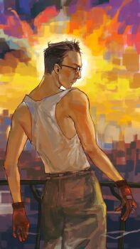 1boy black_hair cigarette contrapposto cowboy_shot disco_elysium from_behind glasses gloves hair_slicked_back hashtag-only_commentary highres holding holding_cigarette kim_kitsuragi kozmoraven1610 male_focus midriff orange_gloves shirt sideburns smoke smoke_trail solo tank_top toned toned_male white_shirt