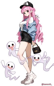 1girl :p absurdres alternate_costume artist_name bag baseball_cap black_bag black_skirt blue_jacket blunt_bangs breasts commentary_request drill_hair eyelashes ghost hat highres holding holding_bag jacket kasumi_6 large_breasts long_hair one_piece open_clothes open_jacket pencil_skirt perona pink_hair shirt shoes sidelocks simple_background skirt standing tongue tongue_out twitter_username very_long_hair white_background white_shirt white_shoes