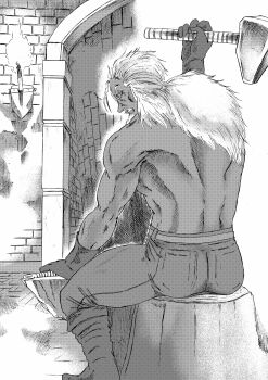 1boy 913kousatu absurdres andre_of_astora anvil back blacksmith boots commentary_request dark_souls_(series) dark_souls_i facial_hair from_behind full_body gloves greyscale hammer highres holding holding_hammer long_hair low_ponytail male_focus monochrome mustache pants ponytail sconce sitting solo topless_male torch