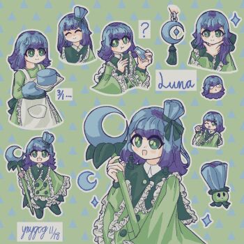 1girl ? apron baking_sheet blue_hair blue_hat bright_pupils character_name closed_mouth creature_and_personification dated dot_nose dress eating eyelashes food frilled_dress frills green_dress green_hair hand_on_own_chin hat highres holding holding_food holding_tray medium_hair moonflower_(plants_vs._zombies) multiple_views one_eye_closed open_mouth original oven_mitts personification pie pie_slice plants_vs._zombies plants_vs._zombies_2 signature smile tongue tongue_out tray triangle_background user_vsvc2775 white_apron white_pupils