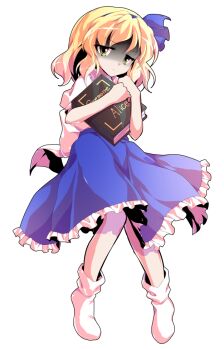 1girl alice_margatroid alice_margatroid_(pc-98) alphes_(style) bare_arms blonde_hair blue_hairband blue_ribbon blue_skirt bobby_socks book commentary_request dairi frilled_skirt frills full_body grimoire_of_alice hair_between_eyes hairband holding holding_book large_variant_set open_book parody parted_bangs puffy_short_sleeves puffy_sleeves ribbon shirt short_hair short_sleeves skirt socks solo style_parody tachi-e touhou touhou_(pc-98) transparent_background variant_set white_shirt white_socks