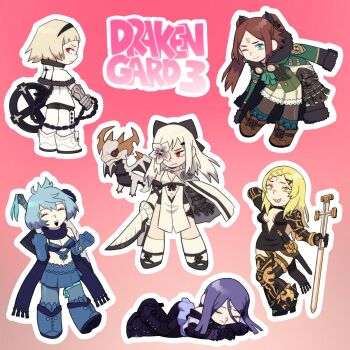 6+girls argyle_clothes argyle_socks black_bow black_hairband black_scarf blonde_hair blue_bra blue_flower blue_gloves blue_hair blue_leggings blue_scarf boots bow bra breasts brown_hair cape capelet chakram chibi cleavage closed_eyes coat commentary detached_sleeves drag-on_dragoon drag-on_dragoon_3 dragon dress elbow_gloves english_commentary eyelashes facial_mark five_(drag-on_dragoon) flower flower_in_eye forehead_mark four_(drag-on_dragoon) fur-trimmed_capelet fur_trim gauntlets gloves gradient_background green_coat green_eyes hair_between_eyes hair_bow hair_flower hair_ornament hairband hairclip highres jacket jacket_on_shoulders jbbetz leggings long_hair long_sleeves looking_at_viewer lunar_tear mechanical_arms mikhail_(drag-on_dragoon) multiple_girls navel number_tattoo one_(drag-on_dragoon) outline pantyhose pink_background prosthesis prosthetic_arm purple_dress purple_hair red_eyes ribbon roman_numeral scarf short_hair siblings side_cape simple_background single_mechanical_arm sisters skirt smile socks socks_over_pantyhose standing sword symbol_in_eye tattoo thighhighs three_(drag-on_dragoon) tongue tongue_out two_(drag-on_dragoon) two_side_up underwear weapon wheel white_cape white_capelet white_dress white_hair white_outline yellow_eyes zero_(drag-on_dragoon)