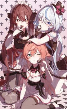 3girls absurdres alternate_costume black_gloves blue_eyes blue_hair breasts brown_hair chocolate cleavage commentary_request dress drop-shaped_pupils flower-shaped_pupils food furina_(genshin_impact) genshin_impact gloves green_eyes hair_between_eyes half_gloves headdress highres holding holding_chocolate holding_food hu_tao_(genshin_impact) imasaki_kei long_hair looking_at_viewer multiple_girls one_eye_closed pink_hair red_eyes short_sleeves symbol-shaped_pupils thighhighs yanfei_(genshin_impact)