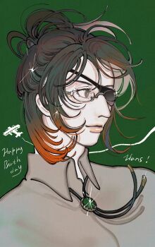 1other aircraft airplane biplane bolo_tie brown_eyes brown_hair character_name closed_mouth collared_shirt eyepatch gem glasses good_gdmr green_background green_gemstone grey_shirt half_updo hange_zoe happy_birthday highres light_smile looking_to_the_side messy_hair ponytail portrait shingeki_no_kyojin shirt updo upper_body