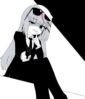1girl aiming black_background black_eyes black_necktie black_pants black_suit blunt_bangs business_suit collared_shirt commentary_request crossed_legs dot_nose dress_pants eyewear_on_head finger_to_mouth formal_clothes glasses grey_hair greyscale gun hair_ornament hairclip half-closed_eye hanako_nana hand_up highres holding holding_gun holding_weapon jacket korean_commentary long_hair long_sleeves looking_at_viewer monochrome necktie pants parallel_hairclips pink_streaks shaded_face shirt shushing sidelocks simple_background sitting smile solo spot_color stellive suit sunglasses too_many_hair_ornaments two-tone_background very_long_hair virtual_youtuber weapon white_background white_shirt wingcat