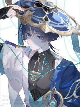 Rule 34 | 013siroon, 1boy, anemo symbol (genshin impact), armor, black bodysuit, blue cape, blue eyes, blue gem, blue hat, blue jingasa, blue kimono, blue sleeves, blunt ends, bodysuit, bright pupils, cape, closed mouth, covered collarbone, expressionless, eyeliner, furisode, gem, genshin impact, gold, gold ring, grey hair, hand up, hat, hat tip, highres, japanese armor, japanese clothes, jingasa, juban, kimono, kote, kurokote, layered sleeves, makeup, male focus, mandala, middle ring, open clothes, open kimono, pectorals, purple rope, red eyeliner, rope, scaramouche (genshin impact), shaded face, short sleeves, shoulder peek, solo, tilted headwear, turtleneck, turtleneck bodysuit, upper body, vision (genshin impact), wanderer (genshin impact), watermark, white background, white kimono, white pupils, white sleeves, white trim, wispy bangs