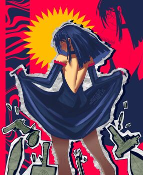 1girl absurdres alternate_costume alternate_hairstyle backless_dress backless_outfit black_dress black_gloves black_hair blunt_ends chainsaw_man collage commentary cowboy_shot cross_scar dress elbow_gloves english_commentary explosive frilled_gloves frills from_behind gloves grenade gun handgun highres kyle_nguyen long_hair looking_at_viewer looking_back median_furrow micro_uzi red_background ringed_eyes scar scar_on_face sidelocks signature skirt_hold solo strapless strapless_dress submachine_gun sword uzi weapon yoru_(chainsaw_man) zoom_layer