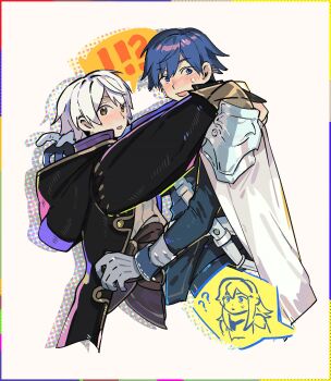 Rule 34 | !?, 1girl, 2boys, ?, ??, armor, arms around neck, belt, blue eyes, blue hair, blue shirt, blush, border, cape, chest belt, chinese commentary, chrom (fire emblem), coat, colored speech bubble, commentary request, cropped legs, dark blue hair, dot nose, e hair, embarrassed, father and daughter, fire emblem, fire emblem awakening, hair intakes, halftone, highres, hood, hood down, hooded coat, image in speech bubble, implied yaoi, long sleeves, looking at another, lucina (fire emblem), male focus, male robin (fire emblem), multiple boys, nintendo, olopheris, open mouth, out of frame, pauldrons, pink eyes, shirt, shirt tucked in, shoulder armor, simple background, single pauldron, speech bubble, white background, white belt, white cape, white shirt, wrist cuffs, yaoi