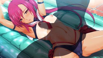 1boy 1girl air_mattress armband armpits arms_up bikini black_bikini blush boy_on_top breasts brown_eyes cameltoe censored choukou_(alicesoft) choukou_shinki_ixseal clothes_lift flat_chest from_above game_cg hetero houshou_kirika inflatable_raft invisible_man large_variant_set long_hair lying mosaic_censoring navel necktie nipples non-web_source official_art on_back one-piece_tan onigirikun open_mouth penis_shadow pink_hair ponytail sailor_collar shadow side_ponytail silhouette small_breasts solo_focus spread_legs sweat swimsuit tan tanline tiles variant_set very_long_hair wet