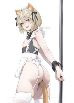 Rule 34 | 1boy, absurdres, anal, anal beads, anal object insertion, anal tail, animal ears, apron, arms behind back, ass, bell, blonde hair, blush, bound, bound wrists, butt plug, cat ears, commentary request, crossdressing, crossdressing (mtf), cuffs, fake animal ears, fake tail, frilled apron, frills, from behind, garter belt, highres, looking at viewer, looking back, maid, maid apron, maid headdress, male focus, miya hayashi (ummd7854), neck bell, nipples, object insertion, open mouth, original, restrained, ribbon, short hair, simple background, solo, tail, thighhighs, tongue, tongue out, trap, waist apron, white apron, white background, white thighhighs, yellow eyes