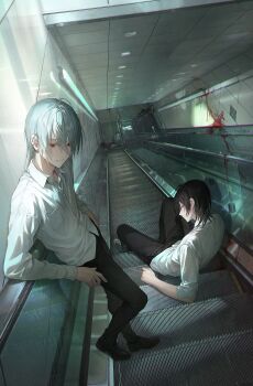 2boys absurdres black_hair black_pants black_shoes blood closed_mouth collared_shirt escalator hair_between_eyes highres indoors kkamiiz long_hair long_sleeves male_focus multiple_boys original pants red_eyes shirt shoes short_hair sitting smile standing white_hair white_shirt