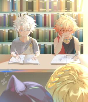 2boys 2girls absurdres aged_down aglaea_(honkai:_star_rail) animal_ears antenna_hair black_choker black_tank_top blonde_hair blue_eyes braid cat_ears cat_girl chinese_commentary choker cipher_(honkai:_star_rail) colouryoon commentary_request facial_tattoo gold_necklace gradient_hair grey_hair grey_shirt head_rest highres honkai:_star_rail honkai_(series) jewelry library male_focus multicolored_hair multiple_boys multiple_girls mydei_(a_trail_of_bygone_blood)_(honkai:_star_rail) mydei_(honkai:_star_rail) necklace parted_bangs phainon_(a_dream_scented_in_wheat)_(honkai:_star_rail) phainon_(honkai:_star_rail) red_hair red_tattoo shirt short_hair side_braid smirk sweatdrop tank_top tattoo white_hair writing yellow_eyes zzz