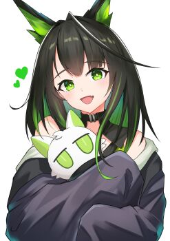 1girl :d absurdres ahoge arknights bare_shoulders black_hair black_jacket blush bright_pupils colored_inner_hair fang green_eyes green_hair heart highres huge_ahoge jacket k@bu long_hair looking_at_viewer mon3tr_(arknights) multicolored_hair off_shoulder open_mouth simple_background skin_fang smile solo upper_body white_background white_pupils