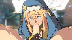 2boys animated blonde_hair blue_eyes bridget_(guilty_gear) erection fellatio fingerless_gloves gloves guilty_gear guilty_gear_strive hair_between_eyes handjob heart heart-shaped_pupils large_penis long_hair looking_at_viewer male_focus multiple_boys oral penis pov rouge_nine symbol-shaped_pupils trap video yaoi