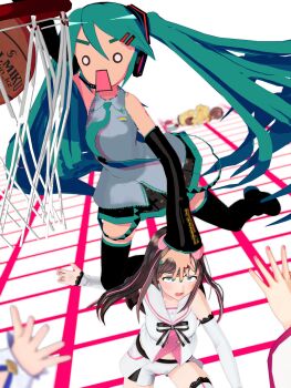 3d 5girls absurdres animasa_model_(mikumikudance) aqua_hair aqua_necktie ball basketball_(object) basketball_(sport) basketball_hoop black_sleeves bow brown_hair cel_rendering character_request commentary crossover detached_sleeves dynamic_pose english_commentary family_guy_death_pose_(meme) grey_shirt hair_between_eyes hair_bow hair_ornament hatsune_miku headset highres hololive inugami_korone inugami_korone_(1st_costume) jumping kio_(majin_kz) kizuna_ai kizuna_ai_inc. long_hair meme mikumikudance_(medium) multicolored_hair multiple_girls necktie o_o open_mouth out_of_frame pink_bow shirt skirt sleeveless sleeveless_shirt streaked_hair twintails very_long_hair virtual_youtuber vocaloid