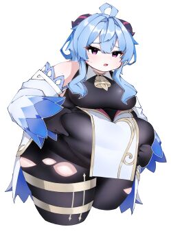 Rule 34 | 1girl, ahoge, alternate body size, bare shoulders, bell, black bodystocking, black gloves, black horns, blue hair, blue trim, blush, bodystocking, breasts, center-flap bangs, chile paper, collared bodysuit, commentary request, cropped legs, detached sleeves, double-parted bangs, dress, fat, fat woman, ganyu (genshin impact), genshin impact, gloves, gold trim, hair between eyes, hair intakes, hands on own stomach, highres, horns, long hair, long sleeves, looking at viewer, medium breasts, multicolored horns, neck bell, obese, open mouth, pelvic curtain, pink eyes, raised inner eyebrows, red horns, short dress, simple background, sleeveless, solo, standing, striped horns, sweat, thigh strap, torn bodystocking, torn clothes, two-tone horns, weight gain, white background, white dress, wide sleeves