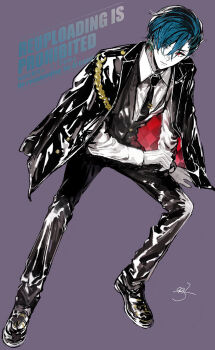 1boy aiguillette akuma_shitsuji_to_kuroi_neko black_jacket black_necktie black_pants black_shoes black_vest blue_hair closed_mouth collared_shirt commentary_request cross cross_earrings curled_fingers double-parted_bangs dress_shirt dress_shoes ear_chain earrings expressionless formal_clothes full_body hair_between_eyes hair_over_one_eye haures_clifford head_tilt highres invisible_chair jacket jacket_on_shoulders jewelry lapels linked_piercing long_sleeves looking_at_viewer male_focus multicolored_jacket necktie nonoko_(meg36544) notched_lapels pants partially_colored piercing purple_background red_eyes red_jacket shirt shoes short_hair signature sitting solo tie_clip two-tone_jacket vest waistcoat watermark white_shirt wing_collar