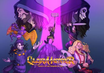 6+boys angus_mcfife arm_up armband axe barbarian battle_axe beret black_armband black_hair black_hood black_sclera blonde_hair blue_eyes braid braided_beard brown_eyes brown_hair brown_shirt clone closed_mouth colored_sclera copyright_name crown english_text facial_hair fighting_stance fur_trim gloryhammer goatee hammer hat holding holding_weapon jewelry long_hair looking_at_another male_focus matildeyamamoto multiple_boys mustache necklace open_mouth pale_skin proletius purple_shirt purple_vest ralathor robot robot_prince_of_auchtertool shirt smirk teeth the_hootsman vest war_hammer weapon wizard zargothrax