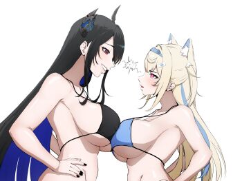 2girls absurdres animal_ear_fluff animal_ears bikini black_bikini black_hair black_nails blonde_hair blue_bikini blue_hair blue_hairband breast_press breasts daydarion demon_horns dog_ears dog_girl fuwawa_abyssgard grin hairband hands_on_own_hips highres hololive hololive_english horns large_breasts lightning_glare long_hair looking_at_another multicolored_hair multiple_girls nerissa_ravencroft pink_eyes red_eyes sideboob simple_background smile strap_gap swimsuit symmetrical_docking two-tone_hair upper_body very_long_hair virtual_youtuber white_background