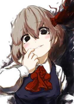 1girl @_@ ascot black_eyes black_vest blonde_hair blush collared_shirt darkness finger_to_mouth hair_ribbon long_sleeves raised_eyebrows red_ascot red_ribbon ribbon rumia shirt smirk solo touhou uisu_(noguchipint) upper_body vest white_background