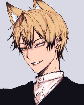 1boy animal_ear_fluff animal_ears black_hair closed_mouth commentary_request ear_piercing earrings greyscale highres japanese_clothes jewelry jujutsu_kaisen looking_at_viewer male_focus monochrome multicolored_hair multiple_piercings piercing short_hair smile solo streaked_hair teeth two-tone_hair upper_body xingkon818 yellow_eyes zen&#039;in_naoya