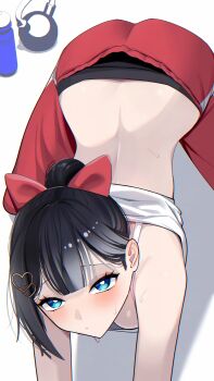 Rule 34 | 1girl, absurdres, ass, back, black hair, black panties, blue eyes, blush, bow, breasts, bright pupils, camisole, center-flap bangs, closed mouth, commentary, double-parted bangs, exercising, expressionless, hair bow, hair ornament, heart, heart hair ornament, highres, jirari, korean commentary, looking at viewer, looking up, median furrow, panties, pants, ponytail, raised inner eyebrows, red bow, red pants, shadow, shirayuki hina, simple background, solo, spaghetti strap, stellive, sweat, top-down bottom-up, track pants, underwear, virtual youtuber, white background, white camisole, white pupils