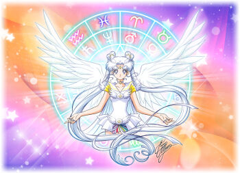 1girl angel angel_wings bishoujo_senshi_sailor_moon bishoujo_senshi_sailor_moon_stars brooch choker circle double_bun dress facial_mark feathered_wings female_focus forehead_mark gradient_background hair_bun heart_hair_bun jewelry jupiter_symbol long_hair marco_albiero mars_symbol neptune_symbol official_style sailor_cosmos saturn_symbol short_dress signature solo star_(symbol) twintails venus_symbol very_long_hair white_choker wing_brooch wings zodiac